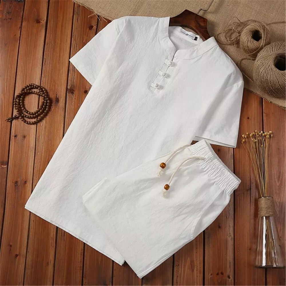 Mens Shorts Cotton Linen Summer Outfit 2-Piece Set Short Sleeve T Shirts and