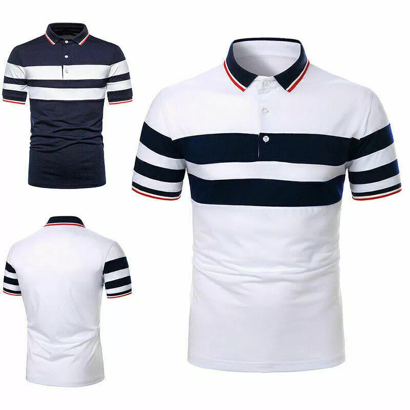 Mens Short Sleeve Striped Polo Shirts Casual Sport Golf Badminton Slim Fit Tops