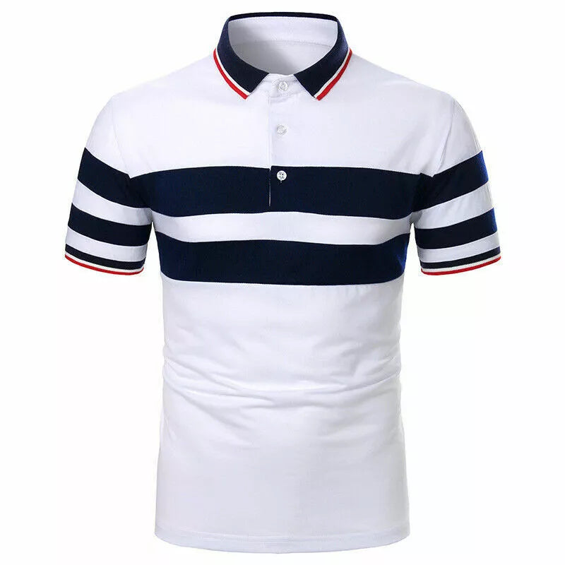 Mens Short Sleeve Striped Polo Shirts Casual Sport Golf Badminton Slim Fit Tops