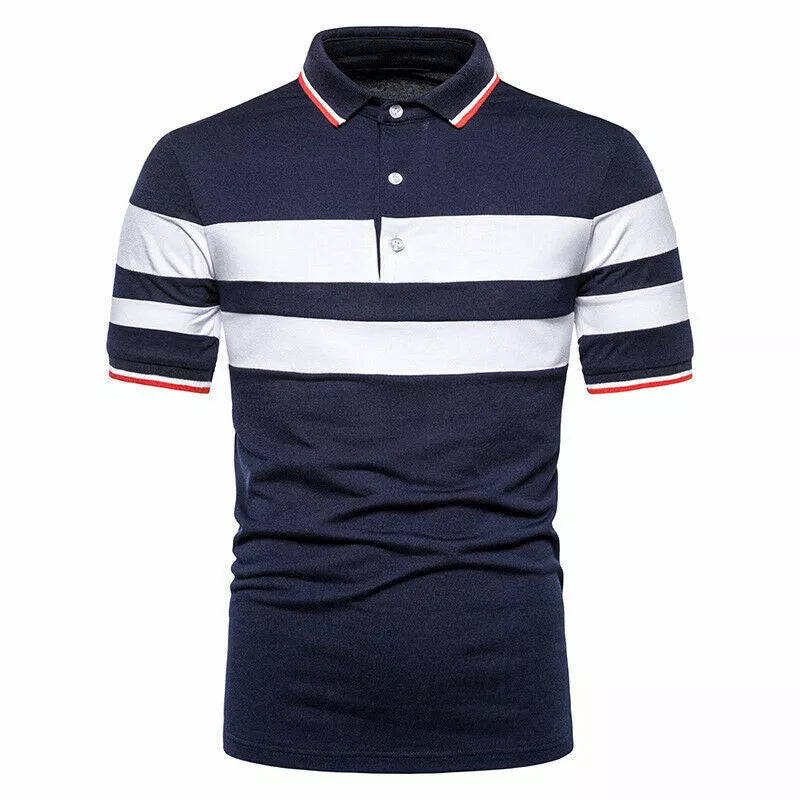 Mens Short Sleeve Striped Polo Shirts Casual Sport Golf Badminton Slim Fit Tops