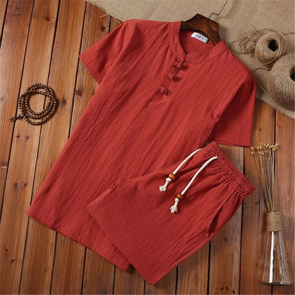 Mens Shorts Cotton Linen Summer Outfit 2-Piece Set Short Sleeve T Shirts and