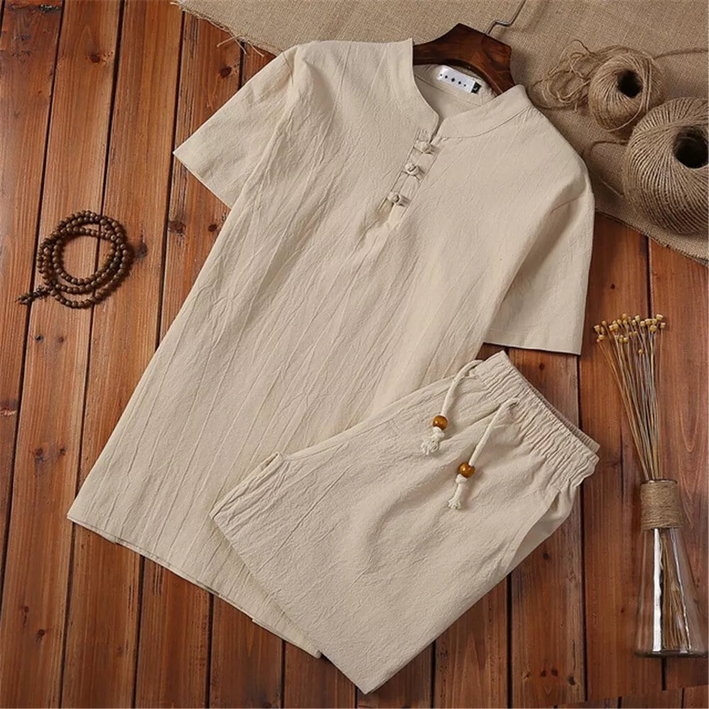 Mens Shorts Cotton Linen Summer Outfit 2-Piece Set Short Sleeve T Shirts and