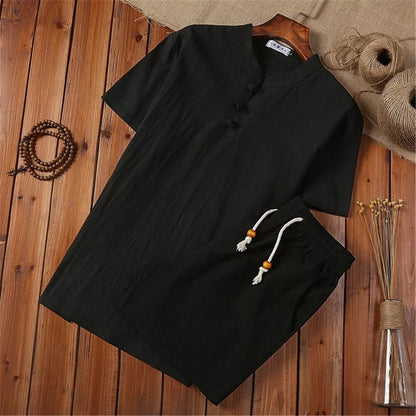 Mens Shorts Cotton Linen Summer Outfit 2-Piece Set Short Sleeve T Shirts and