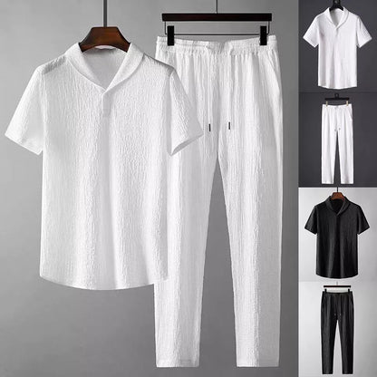 Summer Men's 2pc Cotton Linen Walking Suit Short Sleeve Casual Shirt&Pants