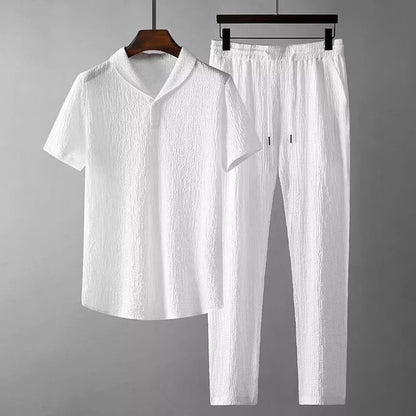 Summer Men's 2pc Cotton Linen Walking Suit Short Sleeve Casual Shirt&Pants