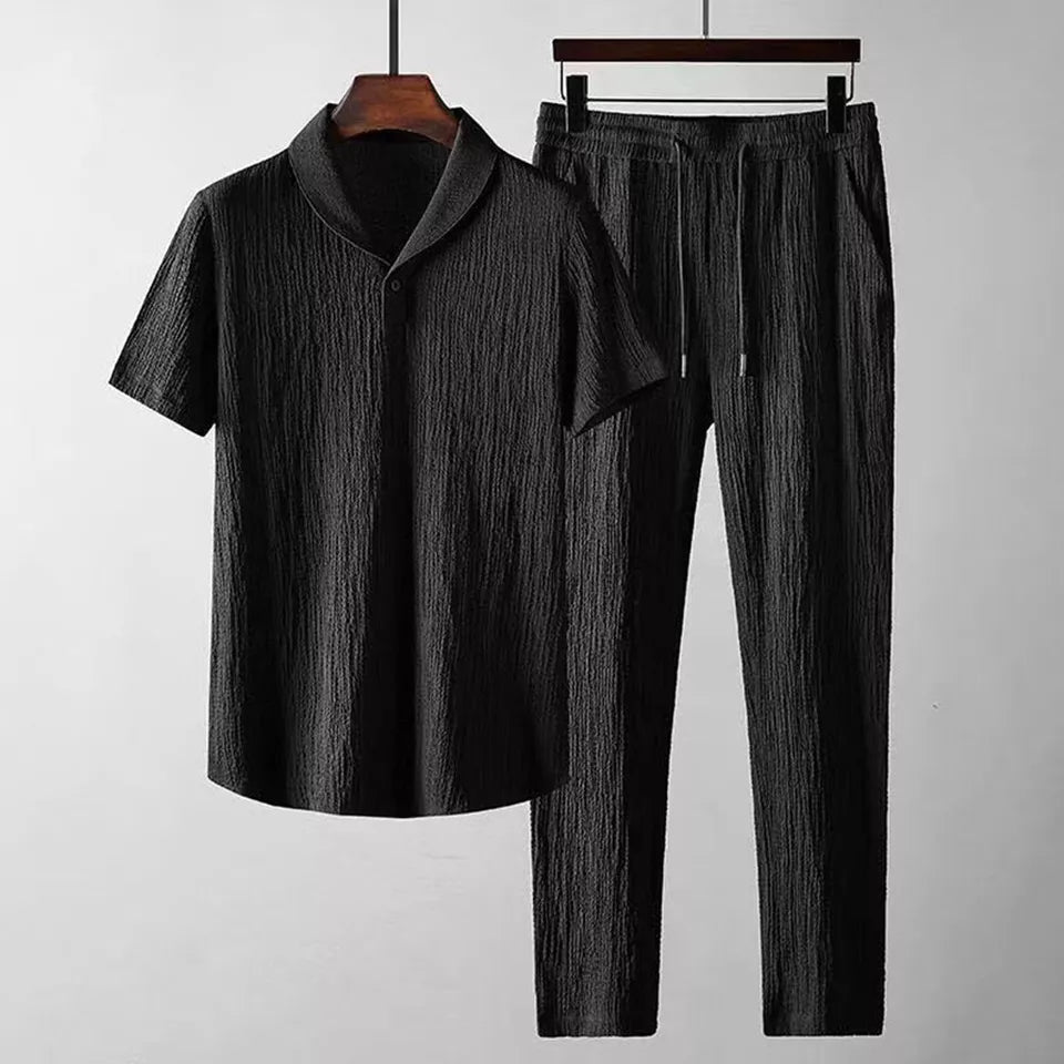 Summer Men's 2pc Cotton Linen Walking Suit Short Sleeve Casual Shirt&Pants