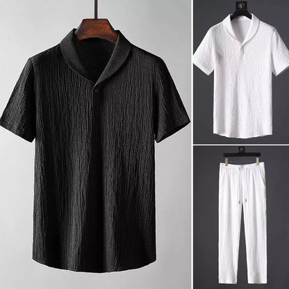 Summer Men's 2pc Cotton Linen Walking Suit Short Sleeve Casual Shirt&Pants