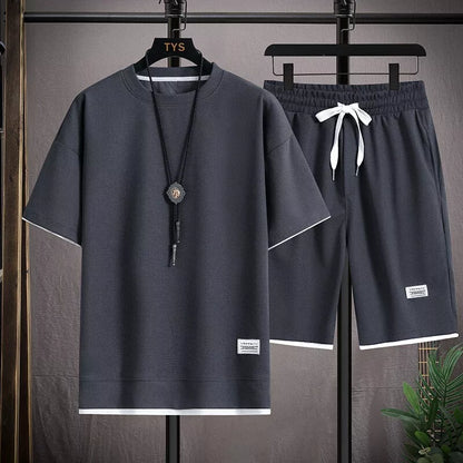 Men's Two Piece Set Cotton Blend Casual T-Shirt and Shorts Men Sports Track Suit